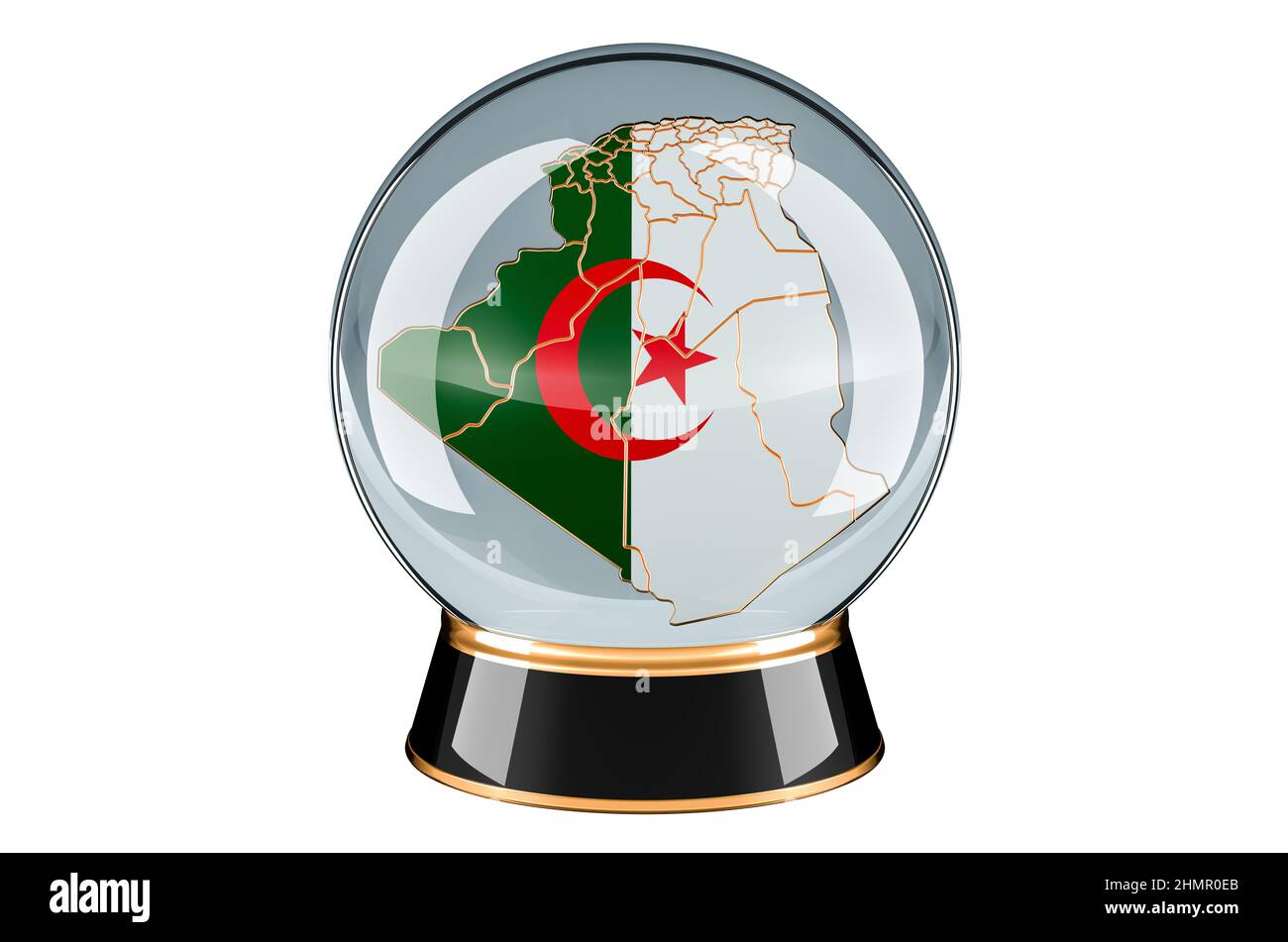 Sfera di cristallo con mappa algerina. Previsioni e previsioni per l'Algeria, concetto. 3D rendering isolato su sfondo bianco Foto Stock