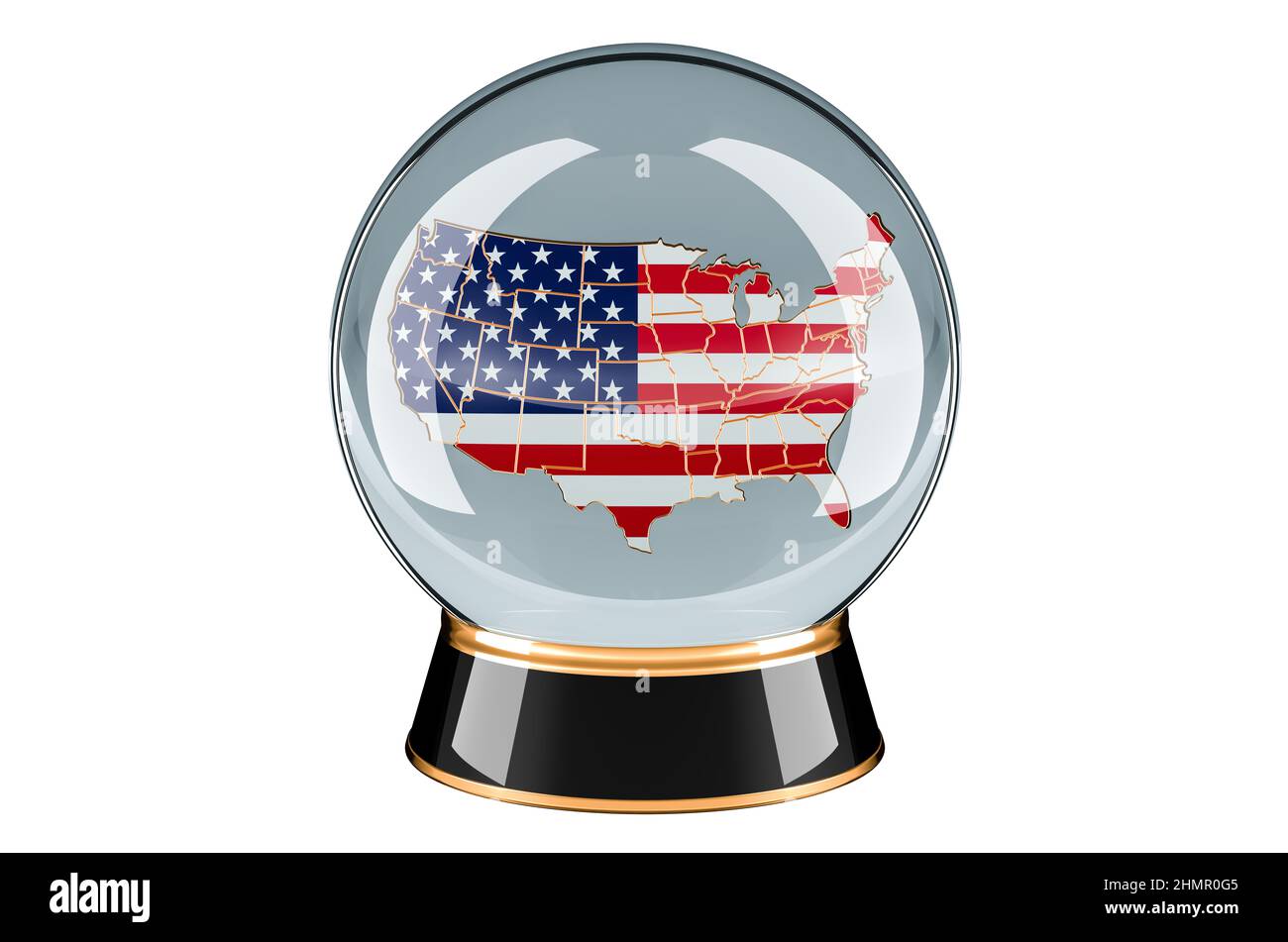 Sfera di cristallo con la mappa degli Stati Uniti. Previsione e previsione per gli Stati Uniti, concetto. 3D rendering isolato su sfondo bianco Foto Stock