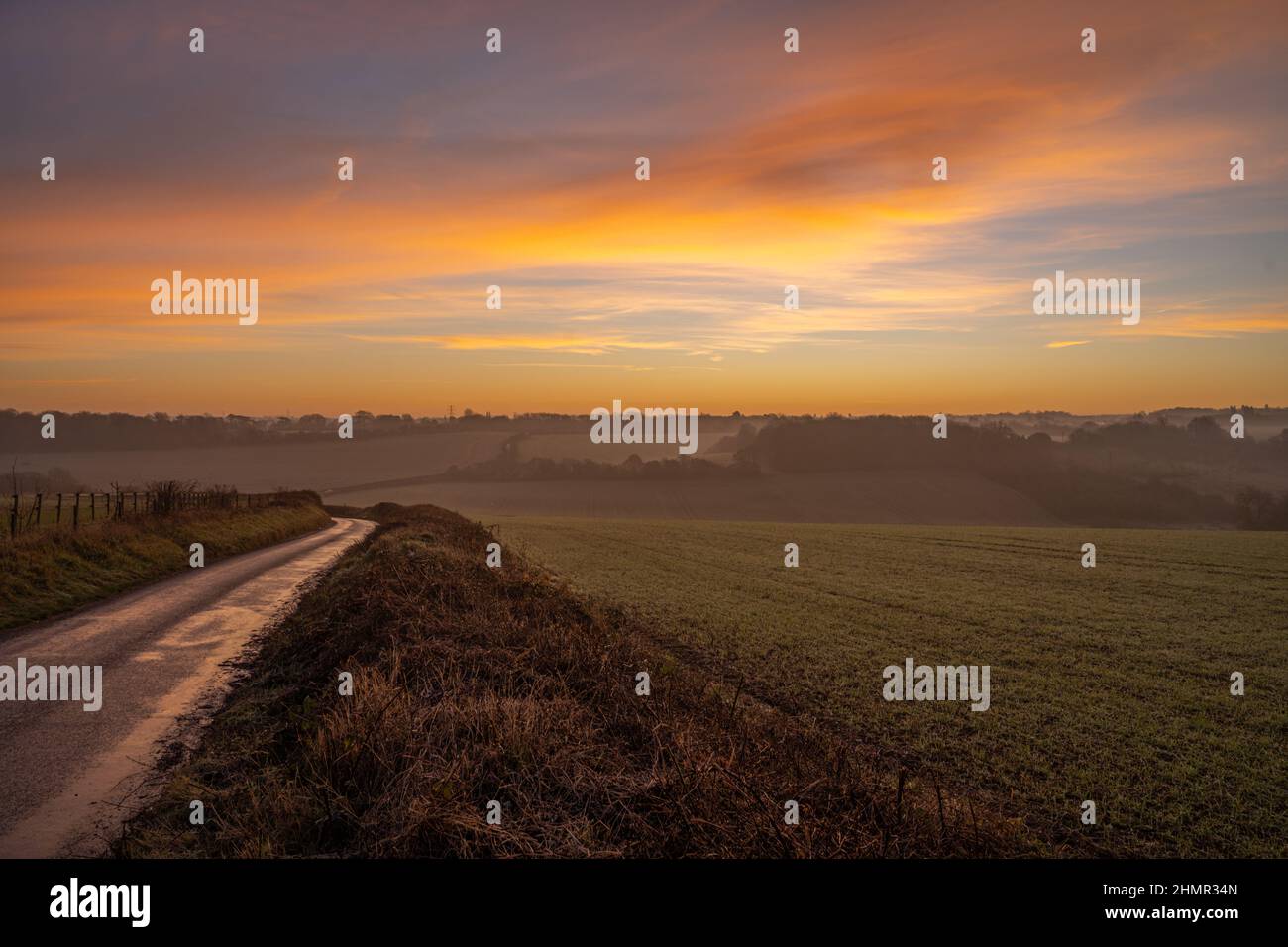 Strada di campagna vicino a Meopham Kent, prima dell'alba in una mattinata fredda e gelida in inverno Foto Stock