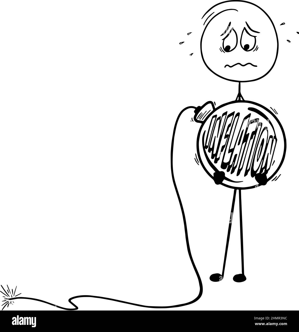 figura di bastone ansioso con bomba e acceso fusibile con la parola gonfiaggio nella bomba Illustrazione Vettoriale