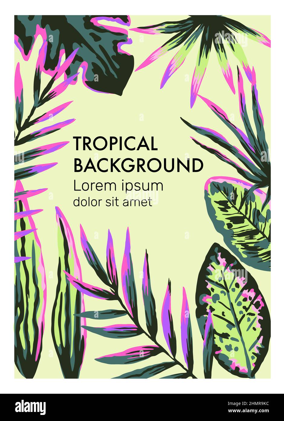 Modello vettoriale originale con foglie e rami di palma della giungla al neon disegnati a mano. Sfondo natura estate. Illustrazione Vettoriale