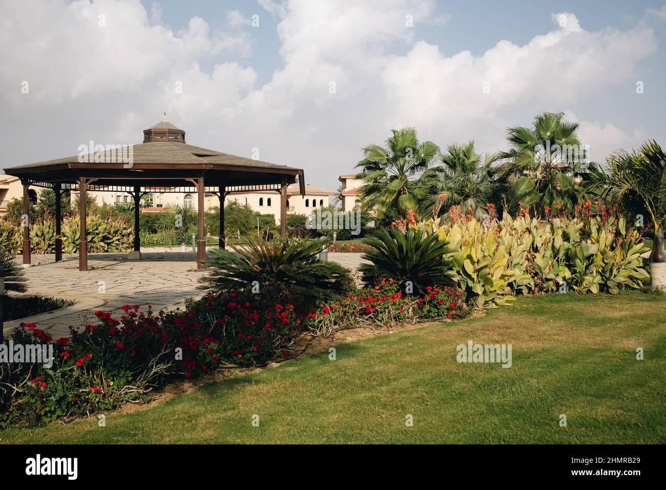 New Cairo, Egitto - 11.21.2021: Bella fiori cespugli e casa giardino in ville zona di Madinaty composto, di lusso vivere in Egitto Foto Stock