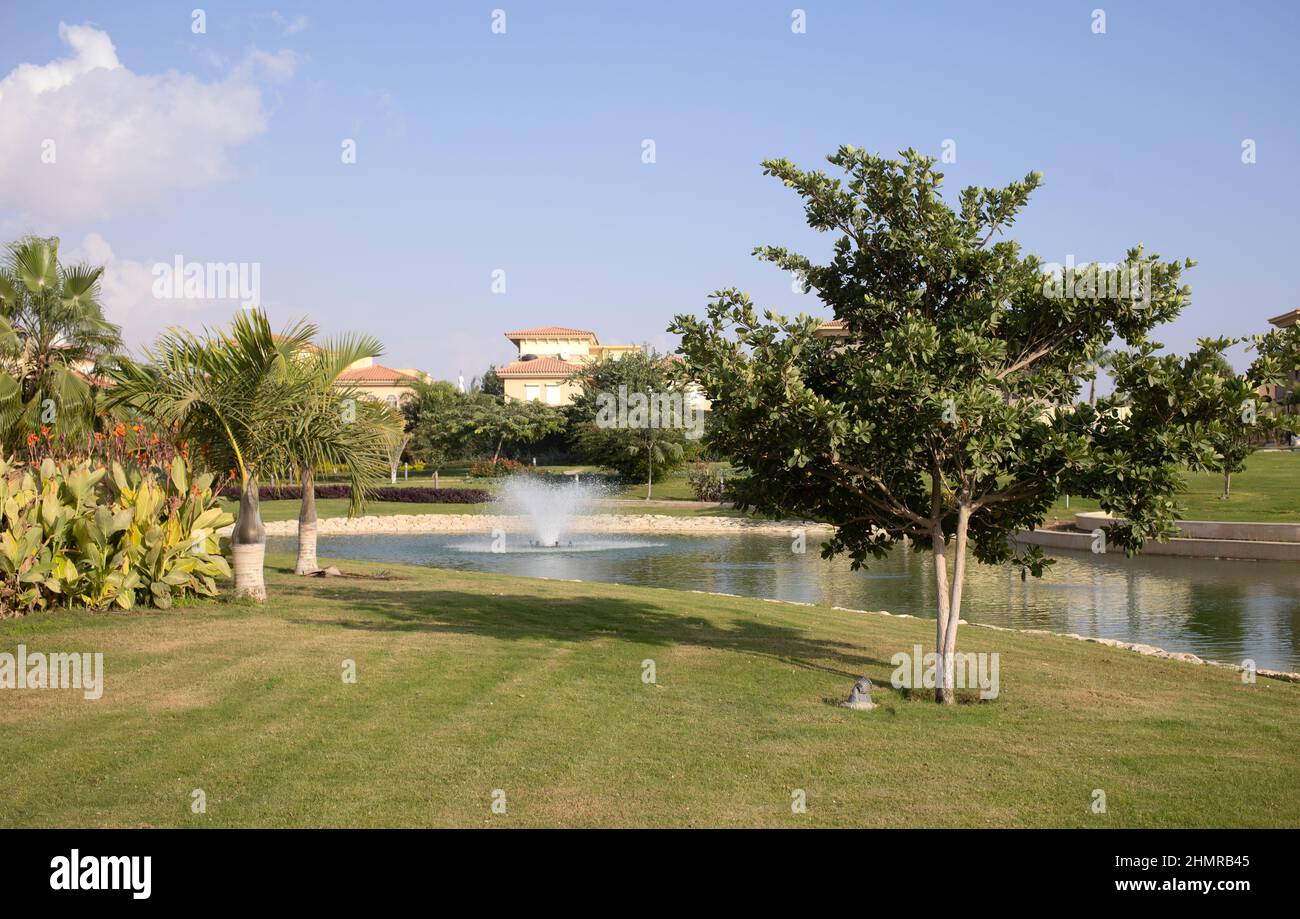 New Cairo, Egitto - 11.21.2021: Beatiful prato verde, giardino e lago a Madinaty composto, di lusso vivere in villa con la natura Foto Stock