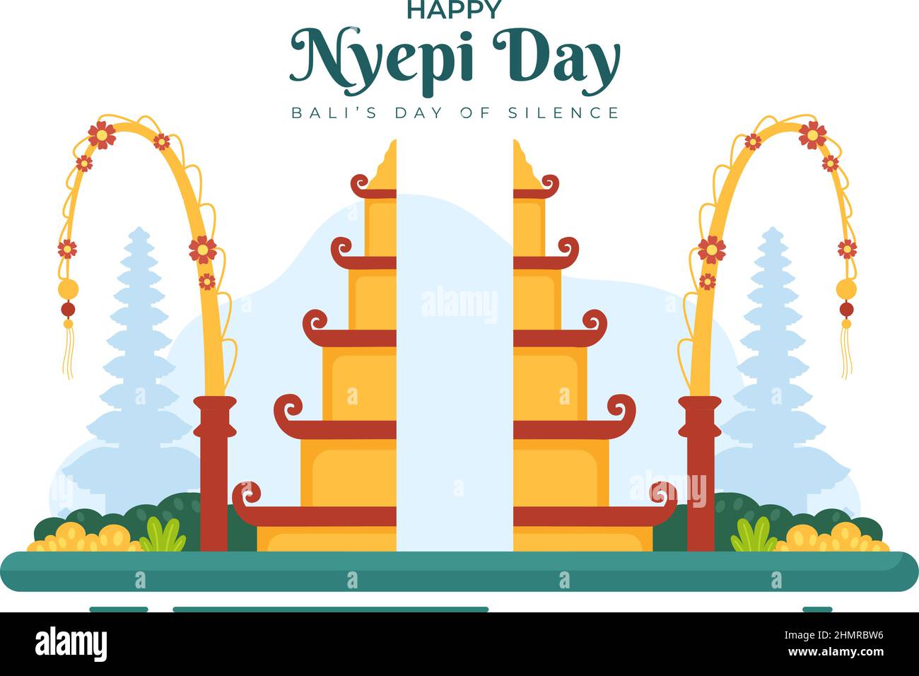 Happy Nyepi Day o il silenzio di Bali alle cerimonie indù sullo sfondo del Tempio o pura Illustrazione adatta per Poster Illustrazione Vettoriale