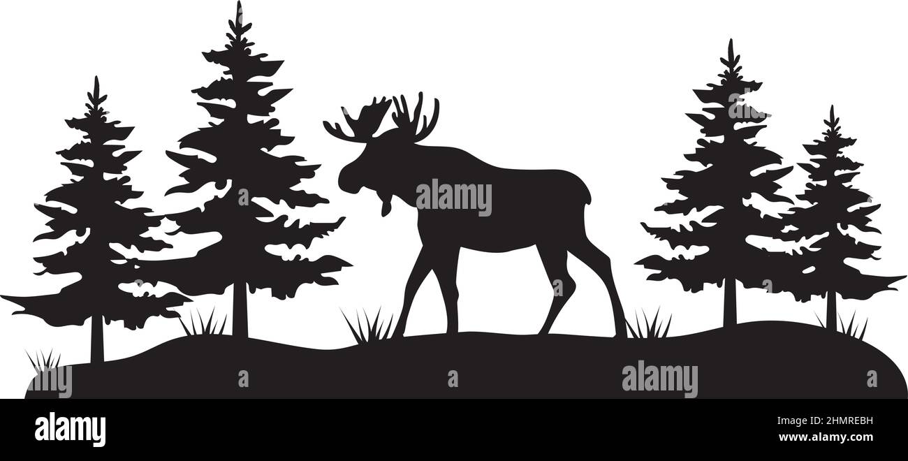Illustrazione vettoriale di un'alce nel bosco, silhouette. Illustrazione Vettoriale