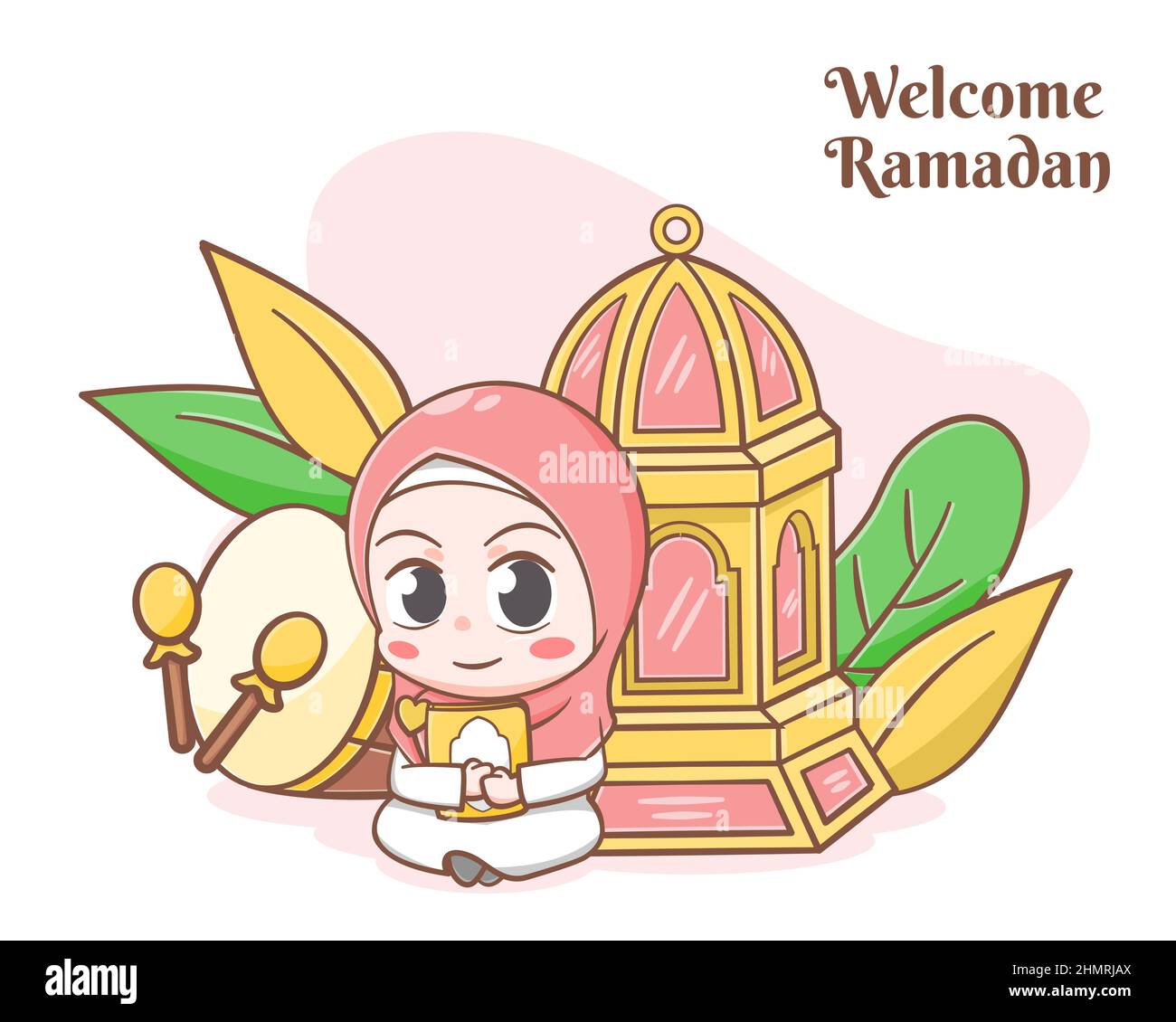 Biglietto d'auguri Ramadan con simpatica illustrazione cartoon ragazza Illustrazione Vettoriale