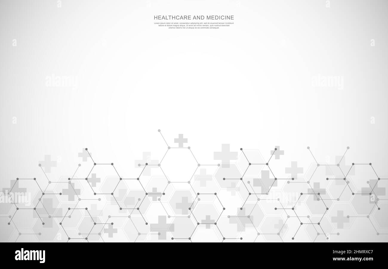 Assistenza sanitaria di base medica con modello di esagoni e croci. Illustrazione vettoriale per la cura della salute e la progettazione della medicina, produzione farmaceutica Illustrazione Vettoriale