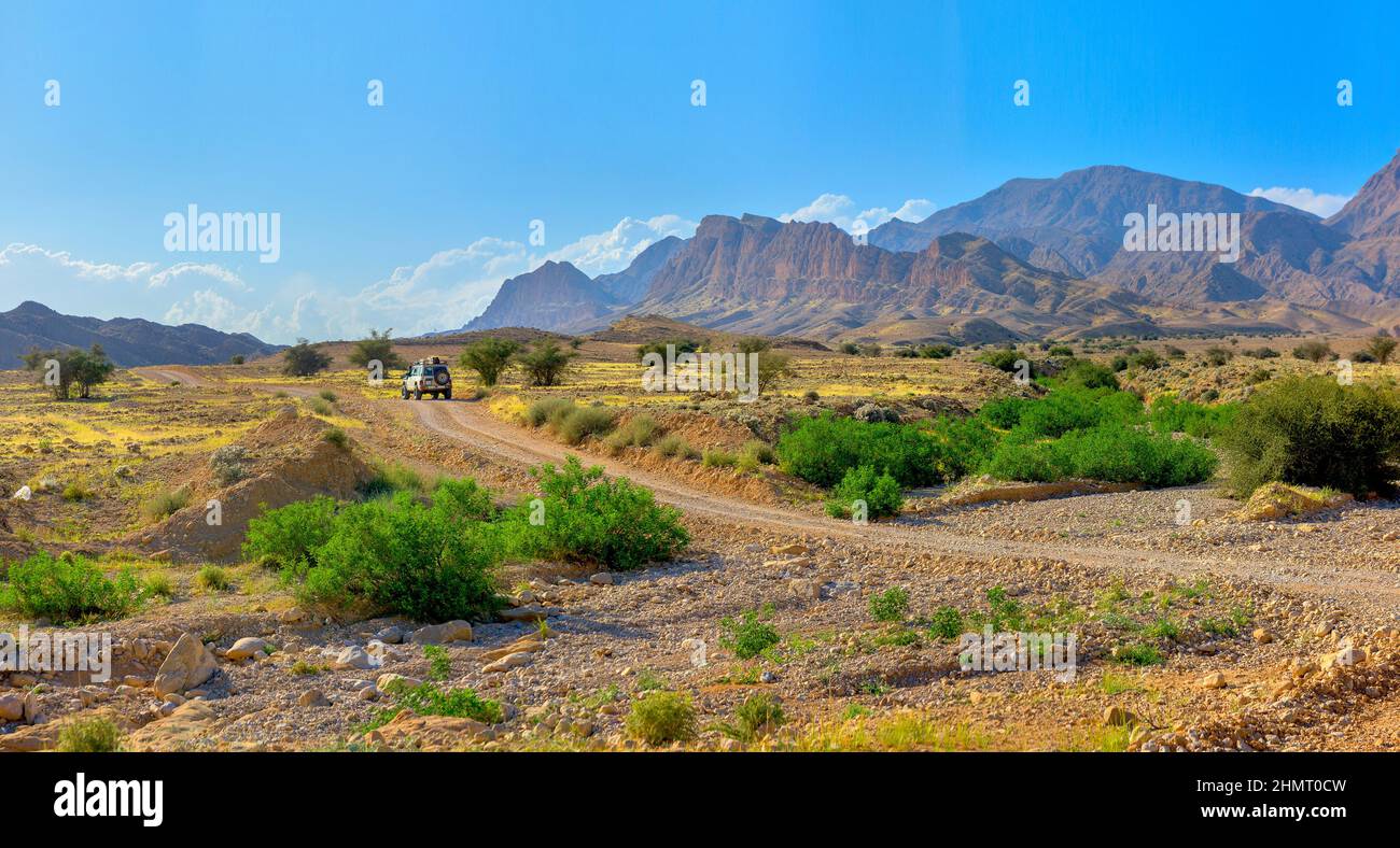 Viaggia, SUV si muove sulla strada attraverso la savana, avventura di viaggio estrema nella natura Foto Stock