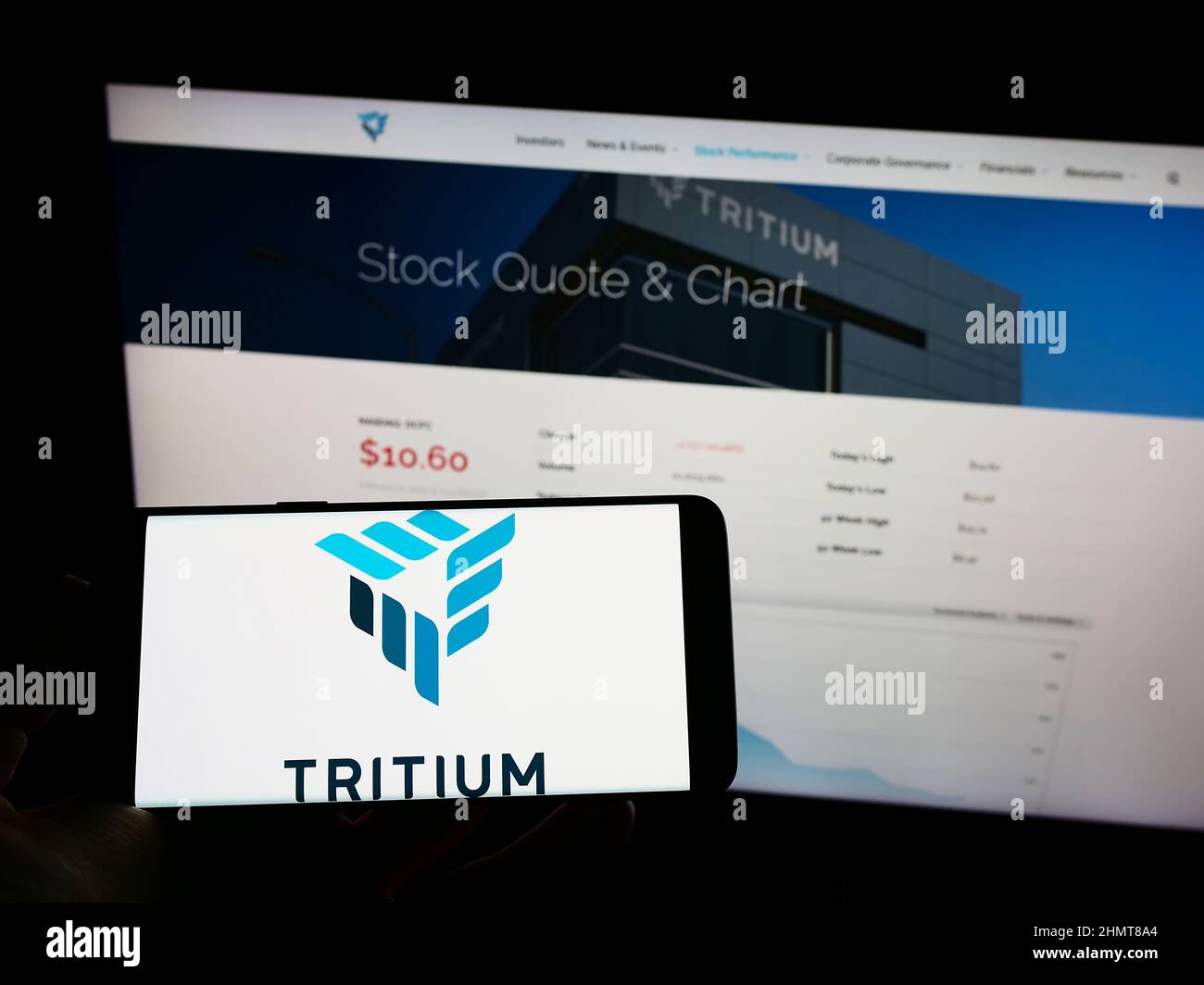 Persona che detiene il telefono cellulare con il logo della società di ricarica EV Titium Holdings Pty Ltd sullo schermo di fronte alla pagina web. Mettere a fuoco sul display del telefono. Foto Stock