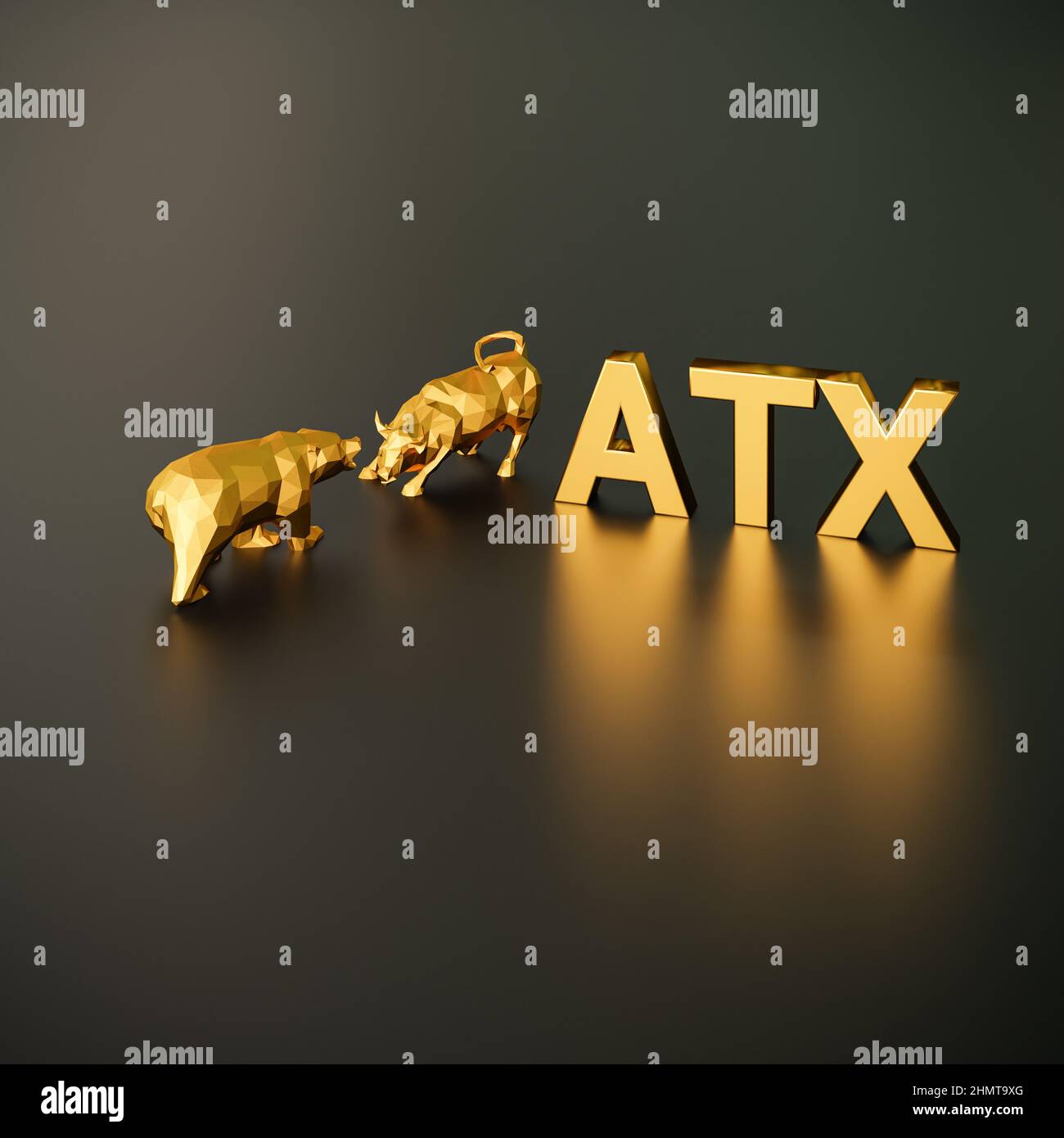 Concetto di indice delle scorte ATX. Un toro e un orso oltre al testo d'oro ATX (Austrian Trade Index). Foto Stock