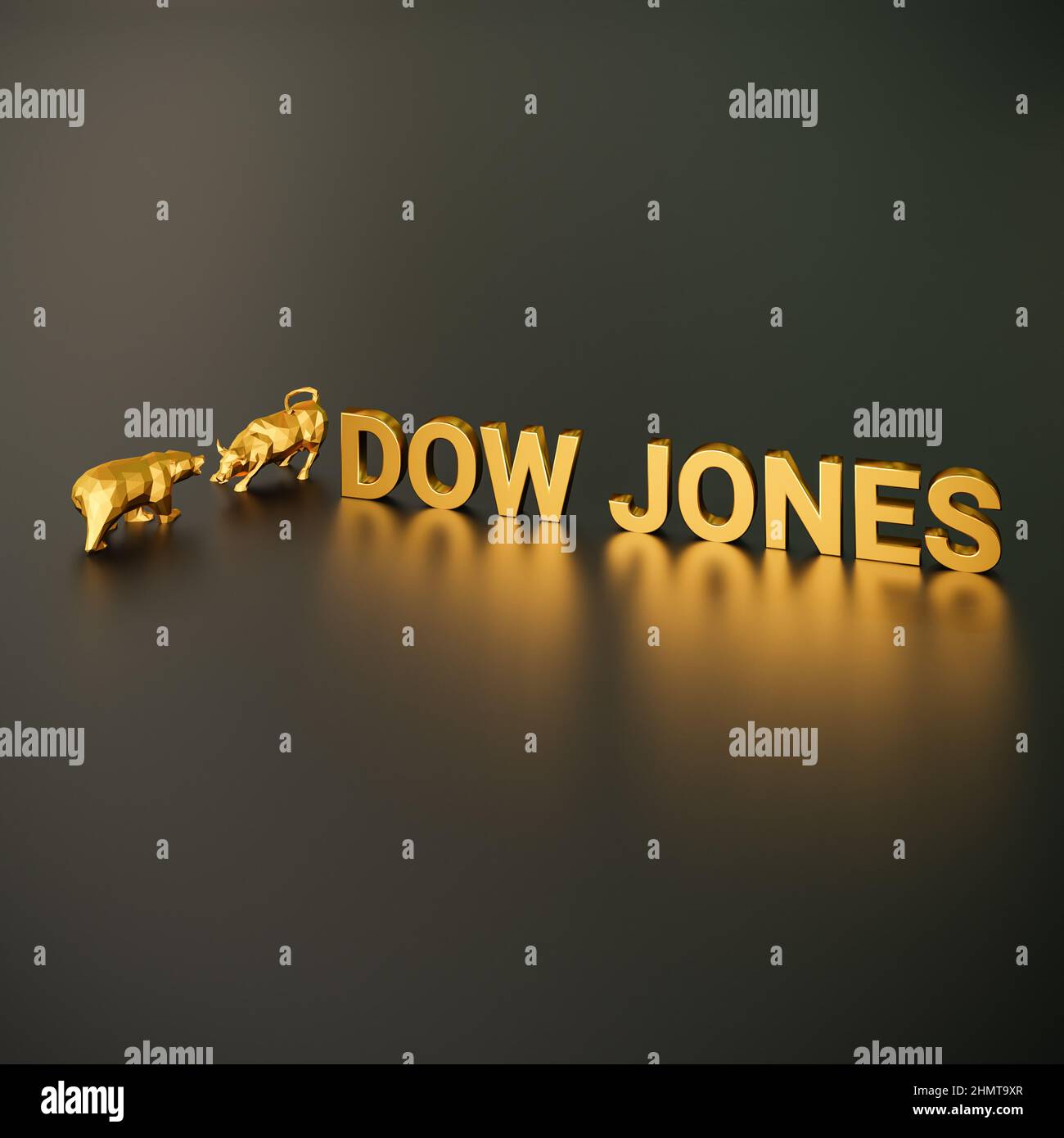 Concetto di indice di Dow Jones. Un toro e un orso oltre al testo d'oro Dow Jones. Foto Stock