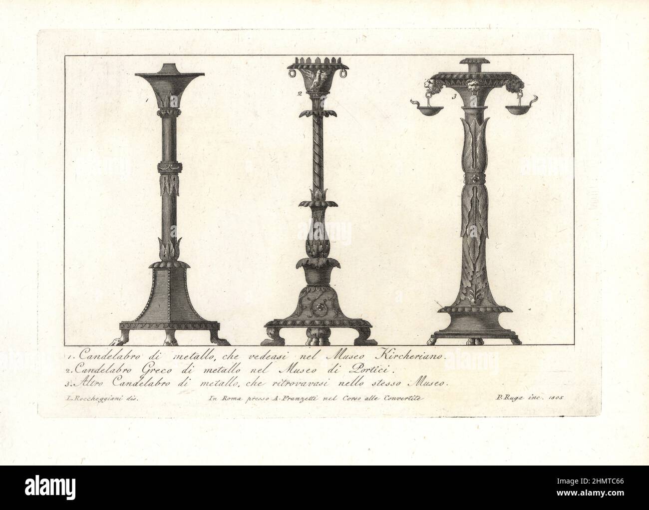 Candelabri metallici nel Museo Kircheriano 1, candelabri metallici greci 2 e altri candelabri metallici nel Museo Portici o Museo Portici 3. Incisione copperplate di Pietro Ruga dopo un'illustrazione di Lorenzo Rocceggiani da 100 tavole di costumi religiosi, civili e militari degli antichi Egiziani, Etruschi, Greci e Romani, Franzetti, Roma, 1802. Foto Stock