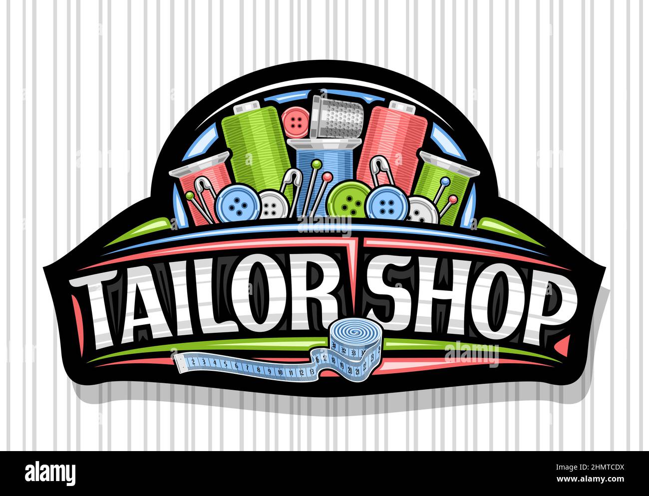 Logo vettoriale per negozio su misura, badge decorativo nero con illustrazione degli utensili da cucito, vari bottoni e aghi, cartello per cucire Illustrazione Vettoriale