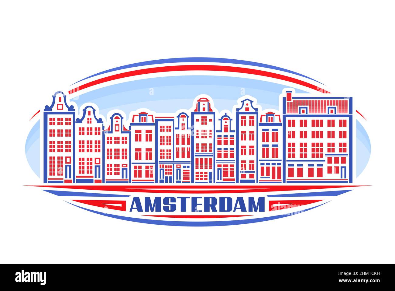 Illustrazione vettoriale di Amsterdam, etichetta orizzontale con disegno lineare paesaggio urbano europeo di amsterdam su sfondo cielo di giorno, linea urbana storica arte c Illustrazione Vettoriale
