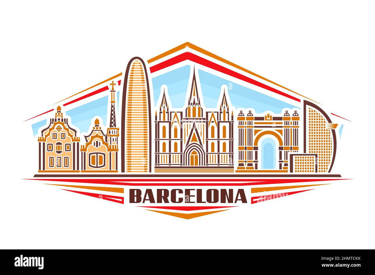 Illustrazione vettoriale di Barcellona, segno orizzontale con disegno lineare famoso paesaggio cittadino di barcellona su sfondo cielo di giorno, linea urbana europea art concep Illustrazione Vettoriale