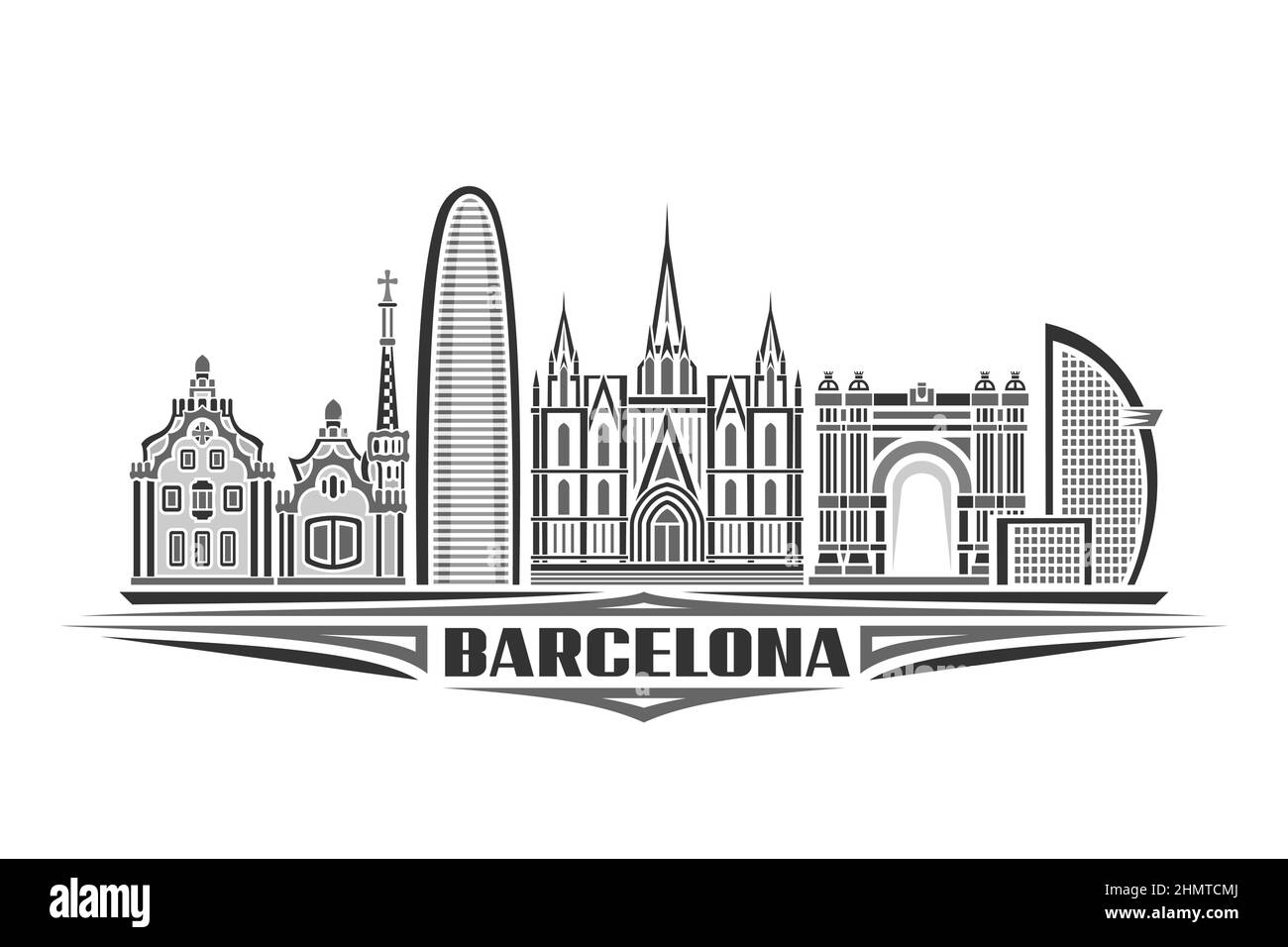 Illustrazione vettoriale di Barcellona, poster orizzontale monocromatico con disegno lineare del paesaggio cittadino di barcellona, concetto artistico urbano con letteri decorativi Illustrazione Vettoriale