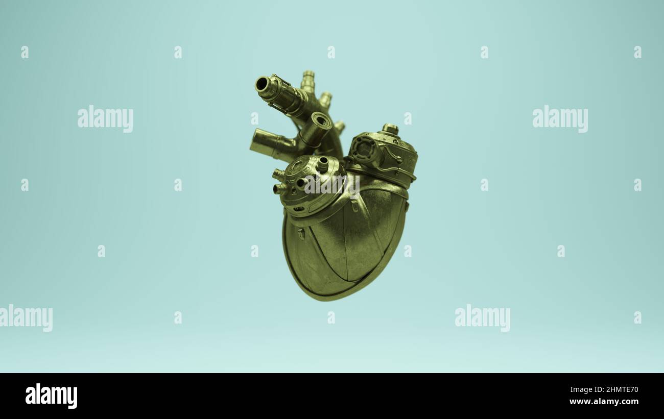 Bronze Oro Old Brass cuore artificiale futuristico Cyber Bionic Anatomia Anatomical Robotic 3D rappresentazione grafica Foto Stock