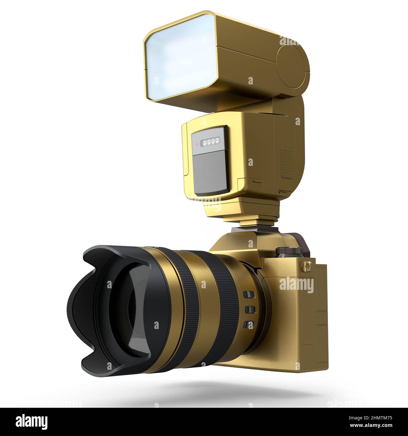 Concetto di oro inesistente DSLR fotocamera con obiettivo e flash esterno speedlight isolato su sfondo bianco. 3D rendering di fotografia professionale Foto Stock