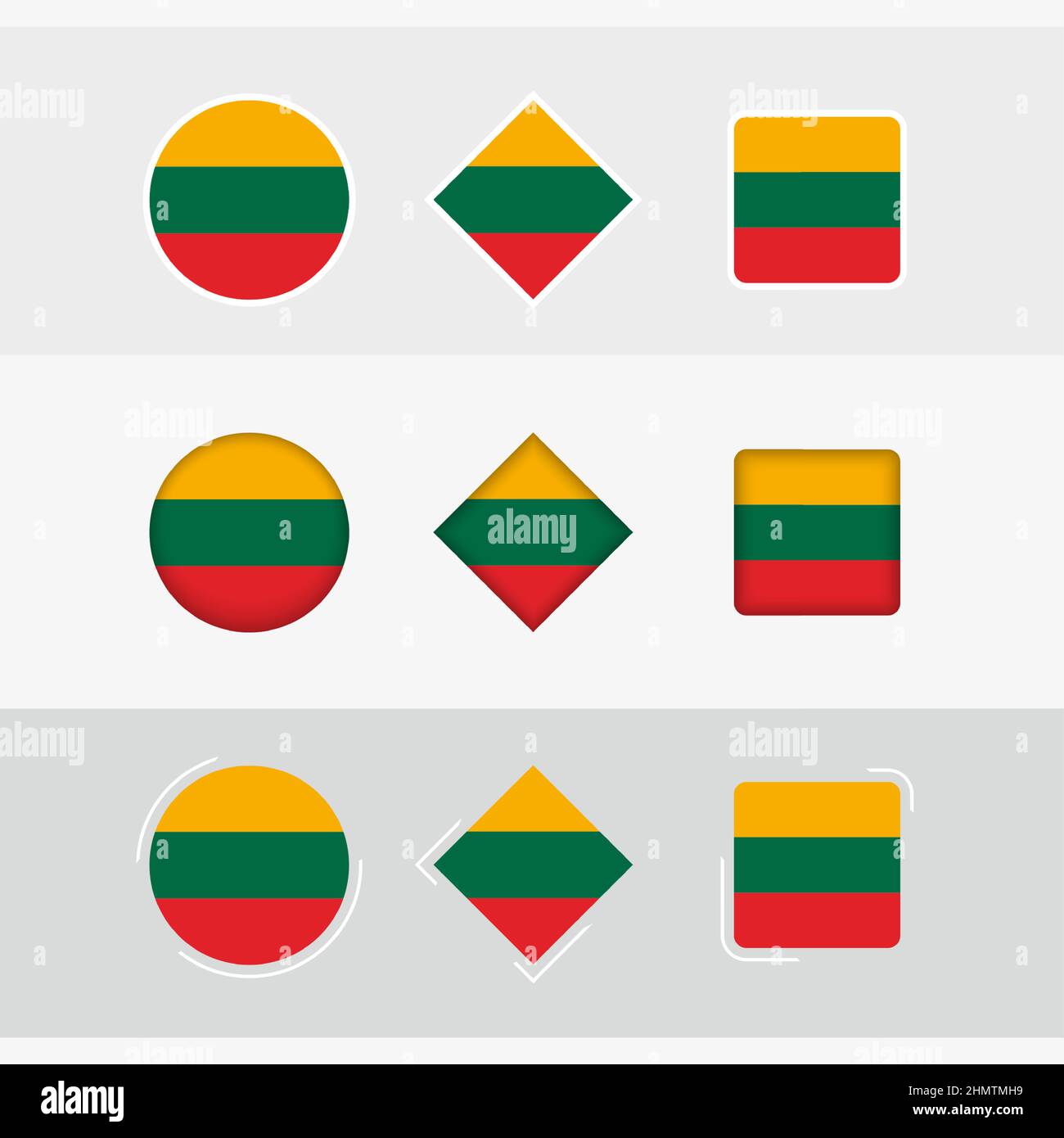 Serie di icone di bandiera della Lituania, bandiera vettoriale della Lituania. Tre versioni di icona. Illustrazione Vettoriale