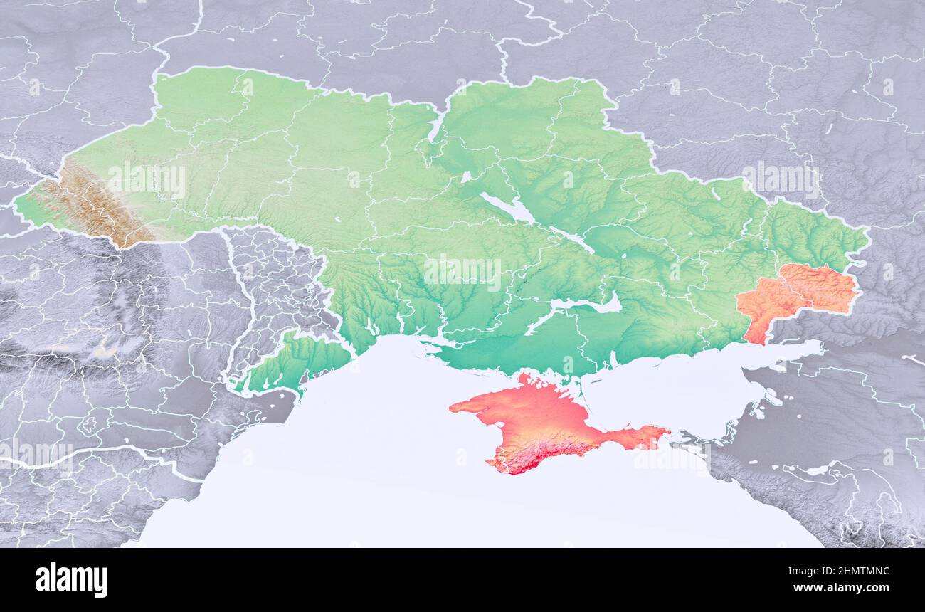 Mappa fisica dell'Europa, dell'Ucraina e dei confini. Russia e Bielorussia, Crimea e Mar Nero. Mappa. Manovre militari ai confini Foto Stock