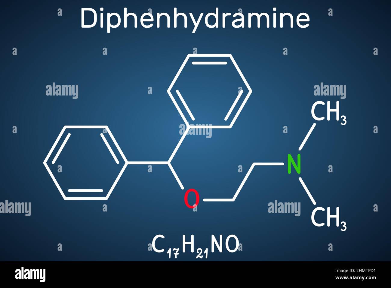 Difenidramina, molecola. E 'H1 anti-istamina recettore utilizzato nel trattamento delle allergie stagionali. Formula chimica strutturale sul blu scuro b Illustrazione Vettoriale