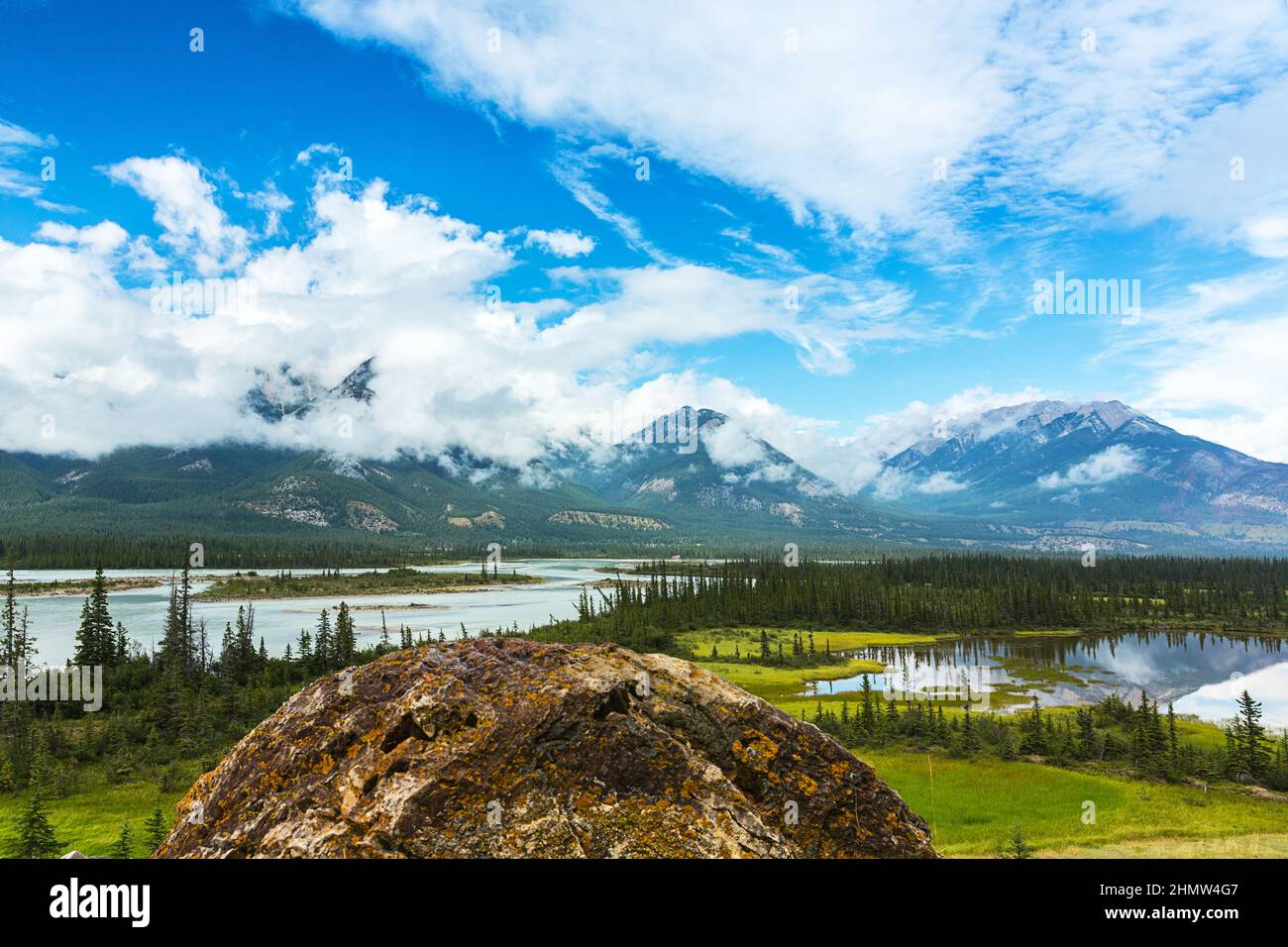 Vista del fiume North Saskatchewan sull'Icefields parkway jasper canada Foto Stock