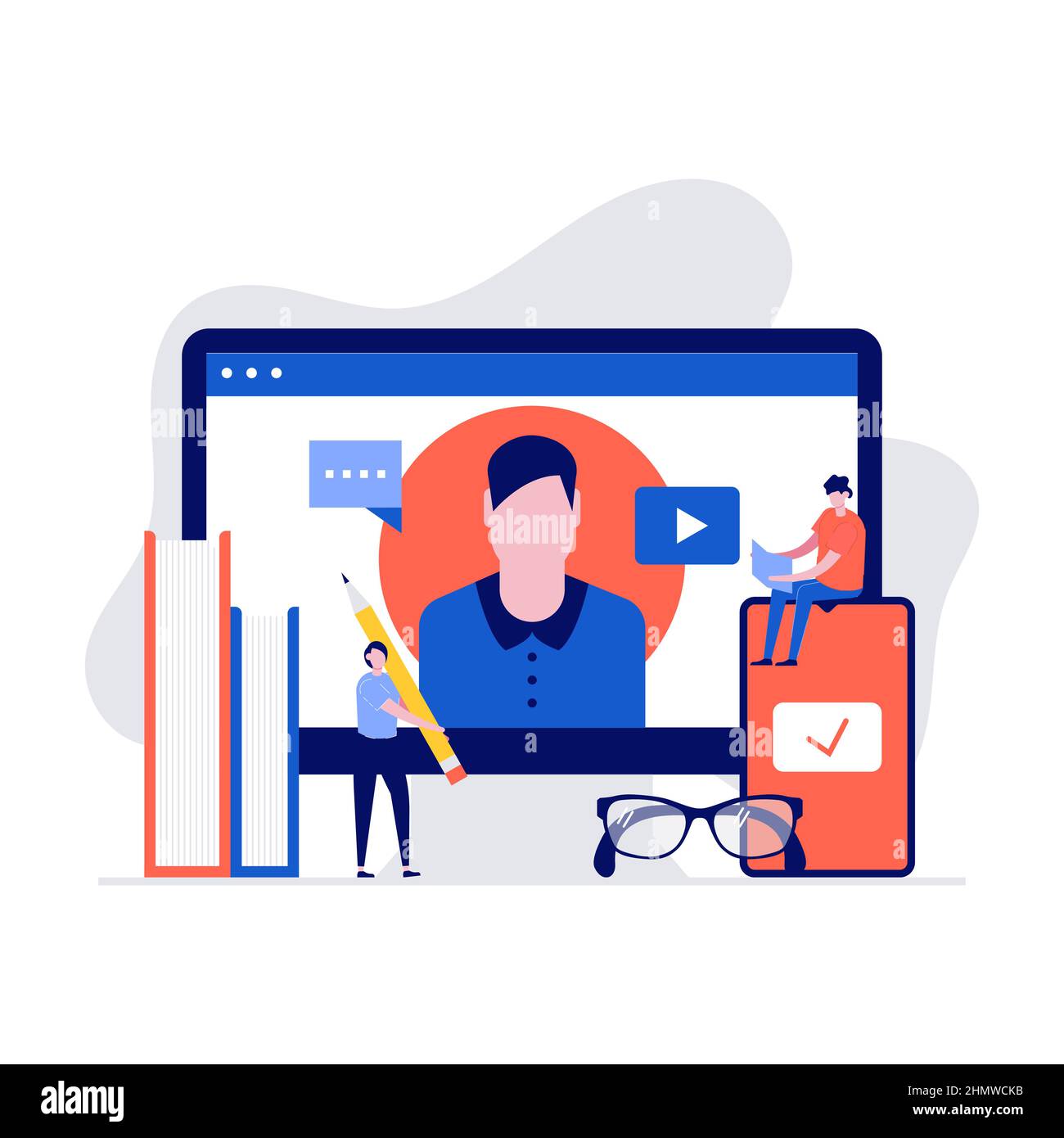 Concetto di illustrazione vettoriale dell'educazione online con personaggio che ha una videochiamata con l'insegnante e che studia con lo smartphone. Illustrazione vettoriale moderna in Illustrazione Vettoriale