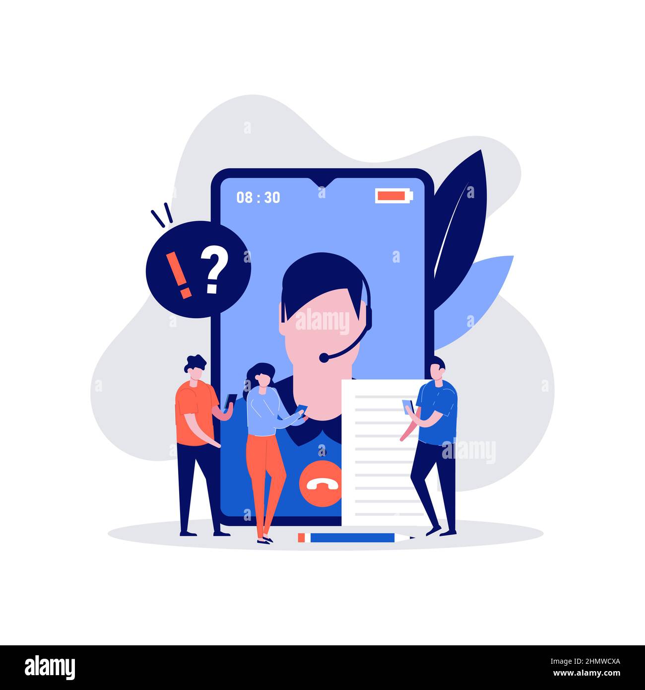 Domande frequenti concetto di illustrazione vettoriale con personaggio che parla con l'assistenza clienti. Moderna illustrazione vettoriale in stile piatto per terra Illustrazione Vettoriale