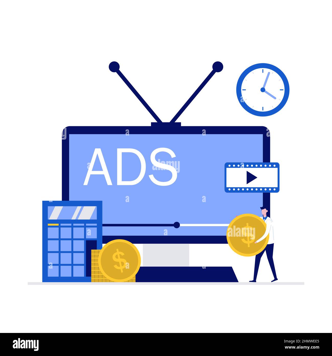 Marketing TV, concetto di pubblicità con carattere. Nuove tecnologie pubblicitarie, segmentazione del pubblico. Illustrazione vettoriale moderna in stile piatto per Illustrazione Vettoriale