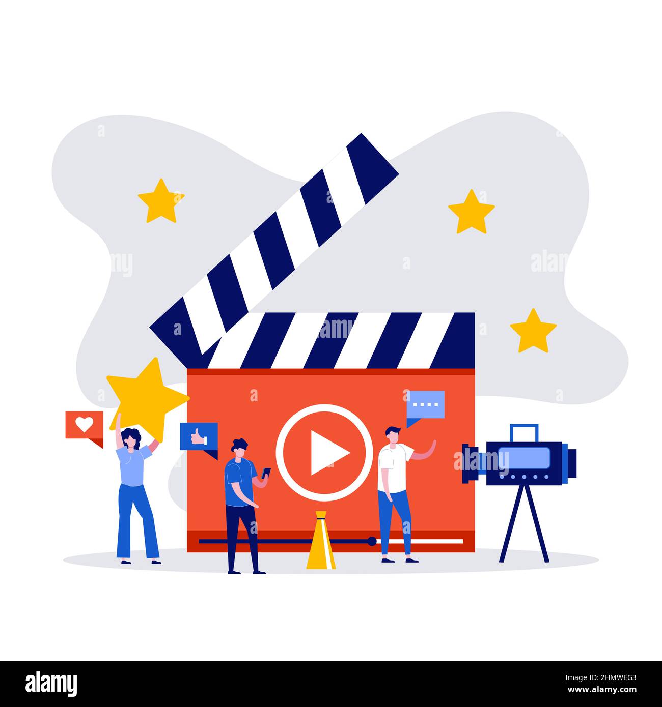 Video blog, vlog, concetto di canale online con personaggi che creano contenuti video. Illustrazione vettoriale moderna in stile piatto per landing page, app mobile, Illustrazione Vettoriale