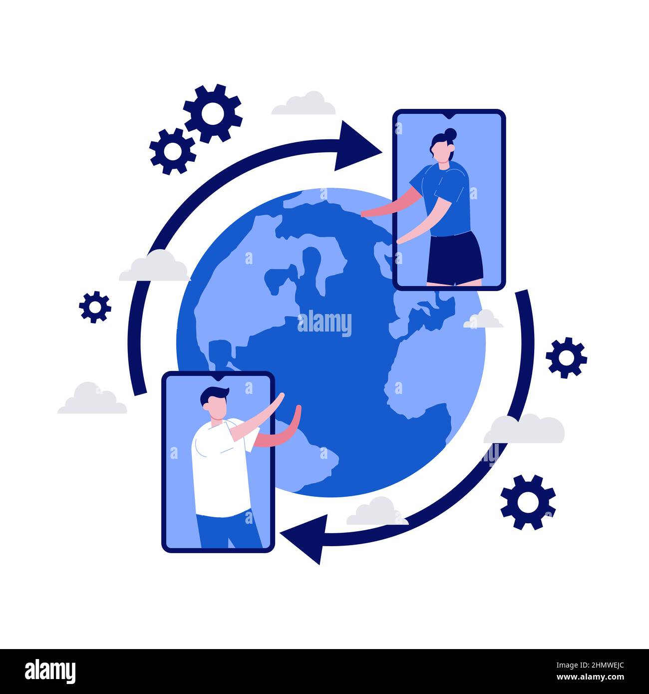 Archiviazione cloud, trasferimento dati su Internet da gadget a gadget con carattere. Illustrazione vettoriale moderna in stile piatto per landing page, app mobile, Illustrazione Vettoriale