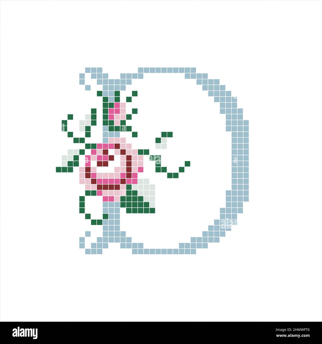 Una lettera d pixel art con un disegno a rosa. Illustrazione vettoriale isolata su sfondo bianco. Illustrazione Vettoriale