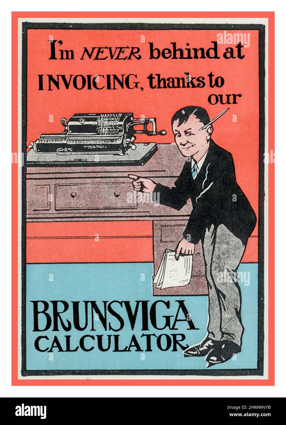 1930s Office Technology Accounting Calculator BRUNSVIGA pubblicità che illustra un addetto alla contabilità che non è mai indietro con la sua fatturazione il Brunsviga Nova 13 Mechanical Calculator Foto Stock