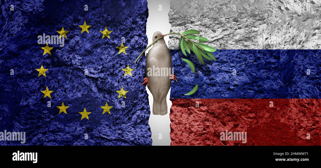 La crisi di pace della Russia e dell'Unione europea come conflitto geopolitico si scontra come concetto di sicurezza dell'Europa a causa di dispute e ritrovamenti politici. Foto Stock
