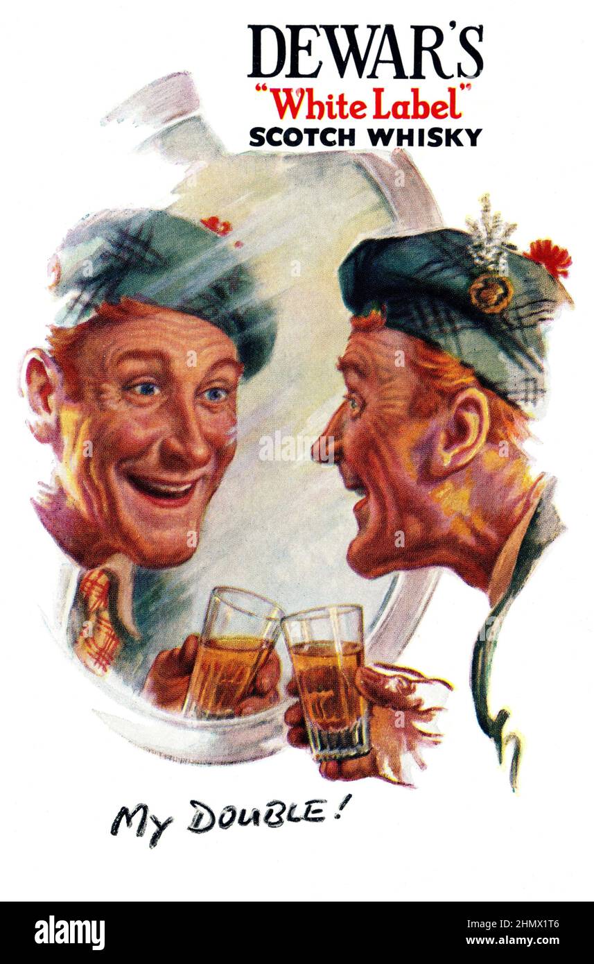 Un annuncio vintage per Dewars White Label Scotch Whisky Foto Stock