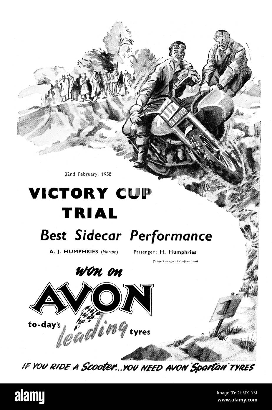 Un annuncio d'epoca per pneumatici Avon e il loro uso su moto da corsa e sidecar nel motorsport, 1958 Foto Stock