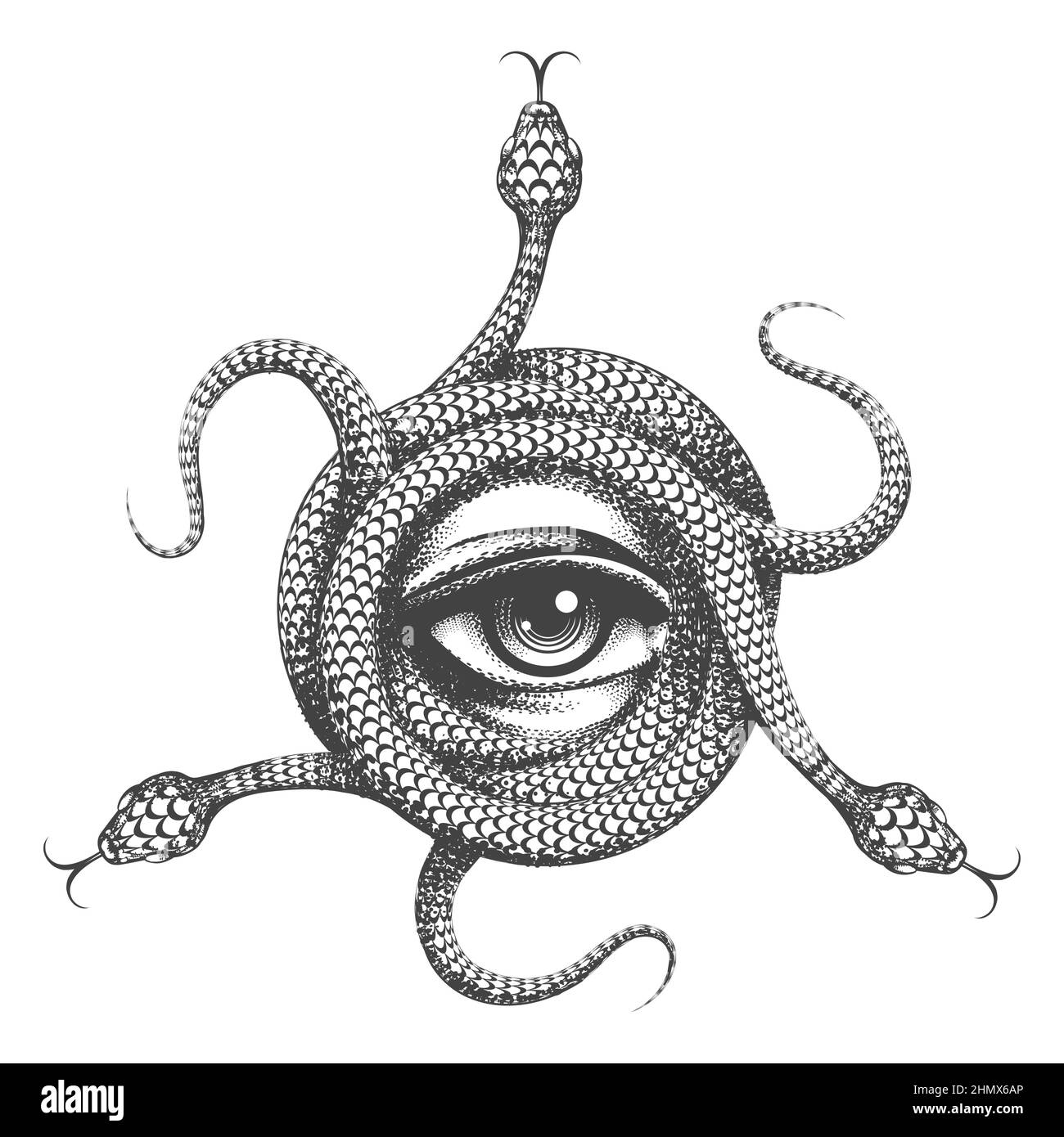 Tatuaggio di tutti i vedere occhio dentro Snake Knot. Simbolo Masonic disegnato a mano su sfondo bianco. Illustrazione vettoriale. Illustrazione Vettoriale