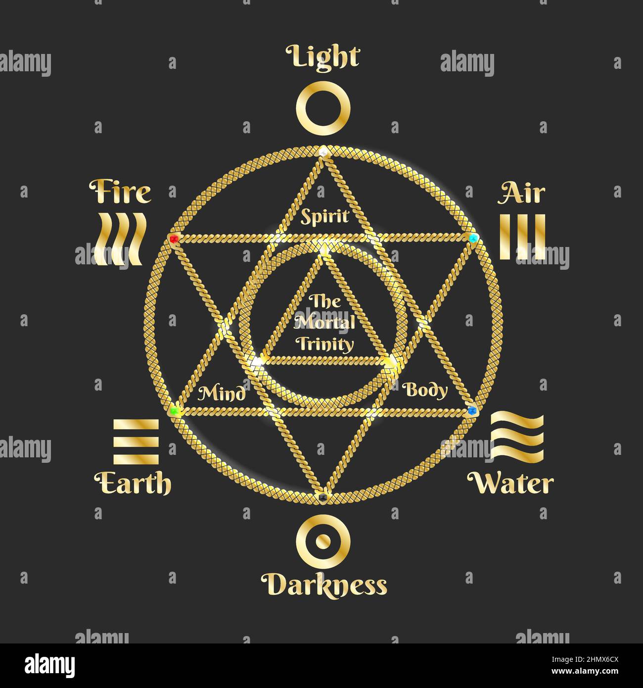 Esagramma esoterico dorato. Simbolo esagonale a geometria sacra isolato su sfondo nero. Illustrazione vettoriale. Illustrazione Vettoriale