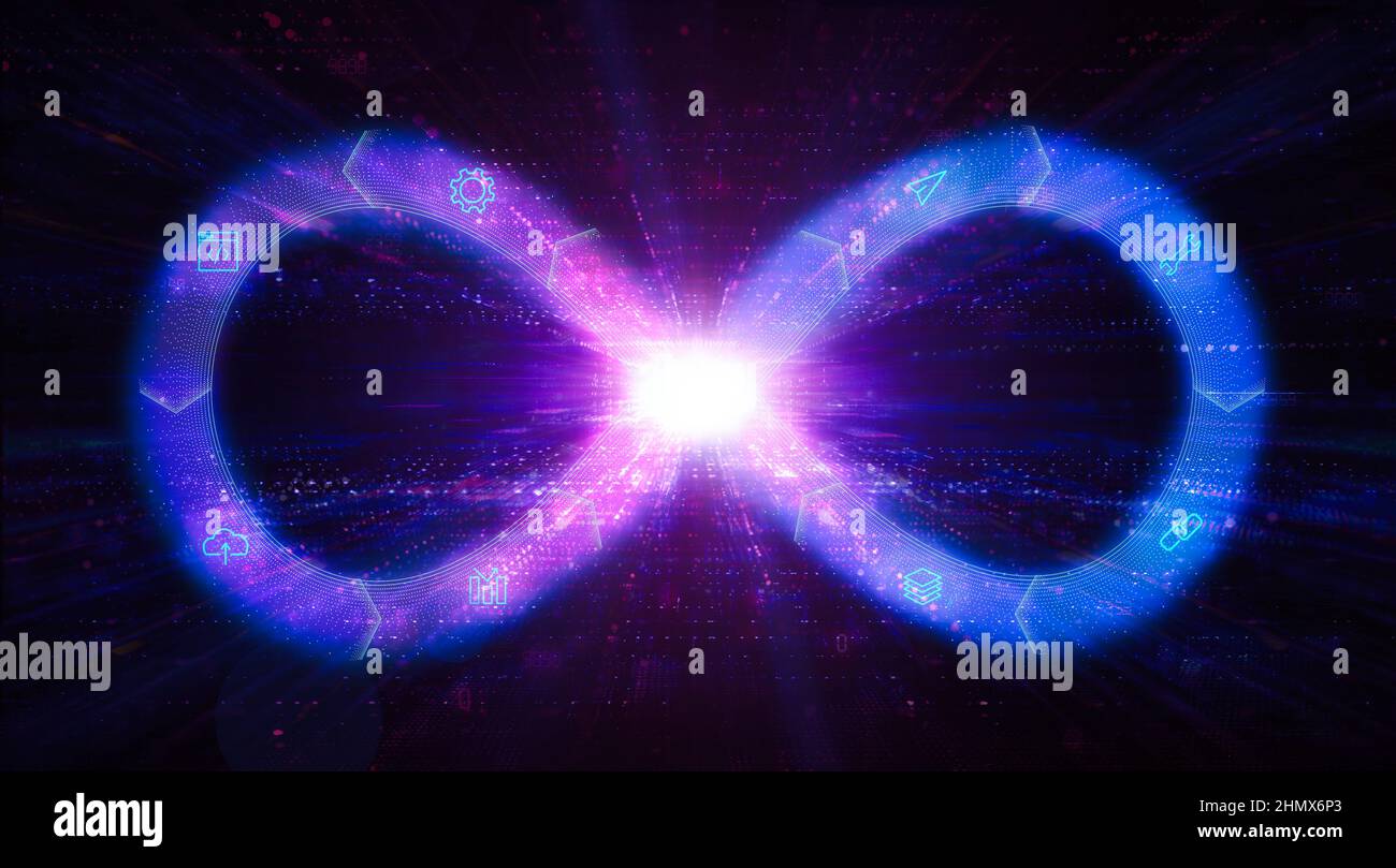 Concetto DataOps - DevOps - processi automatizzati per integrare la distribuzione dei dati nei flussi di lavoro in ambienti ibridi e multi-cloud - concetti Foto Stock