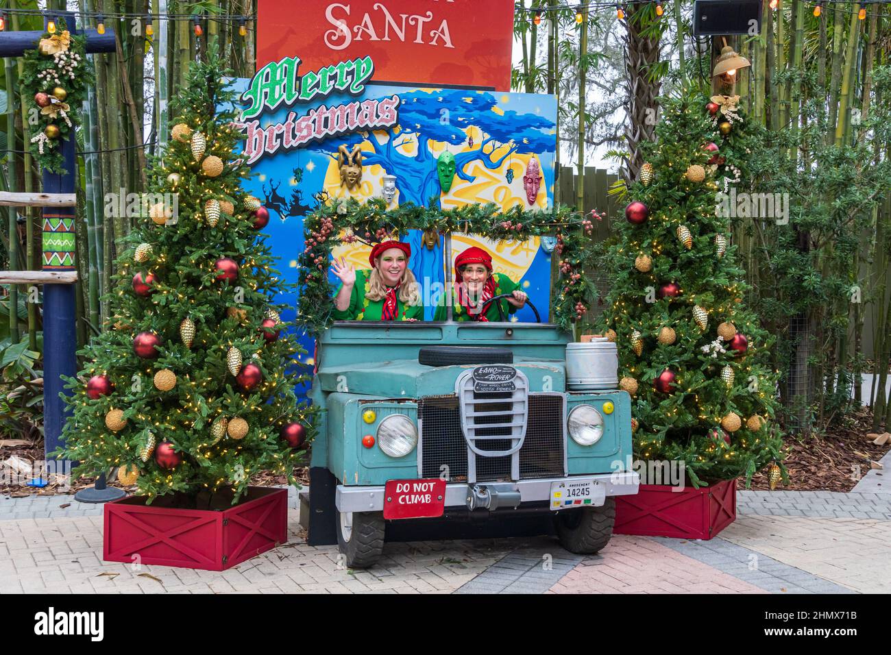 Gli elfi di Babbo Natale si posano in una Land Rover all'evento Christmas in the Wild Holiday, a ZooTampa al Lowry Park - Tampa, Florida, USA Foto Stock