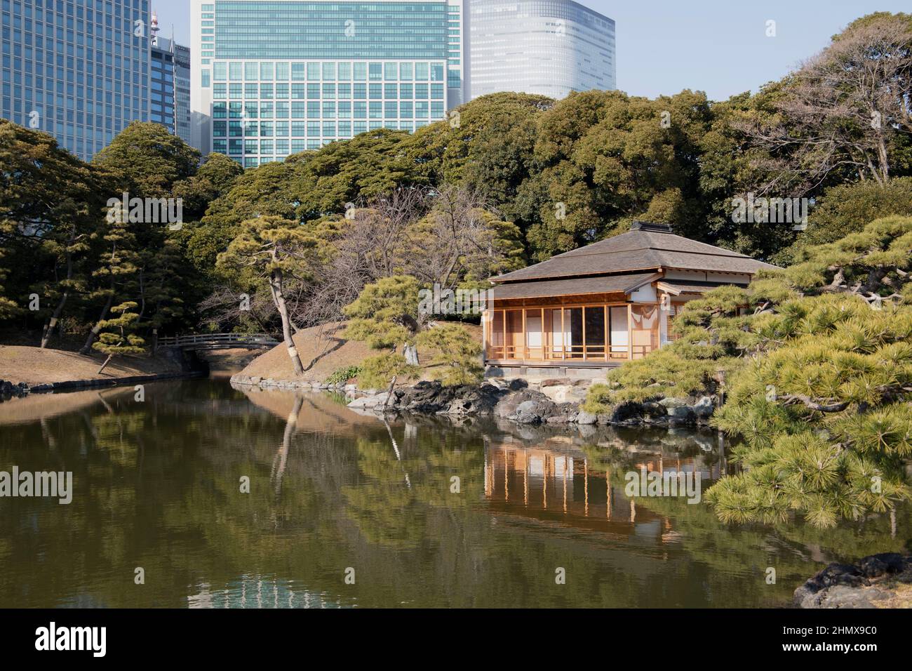 Hamarikyu Gardens girato a tokyo inverno calma luogo giardino nel centro della città Foto Stock
