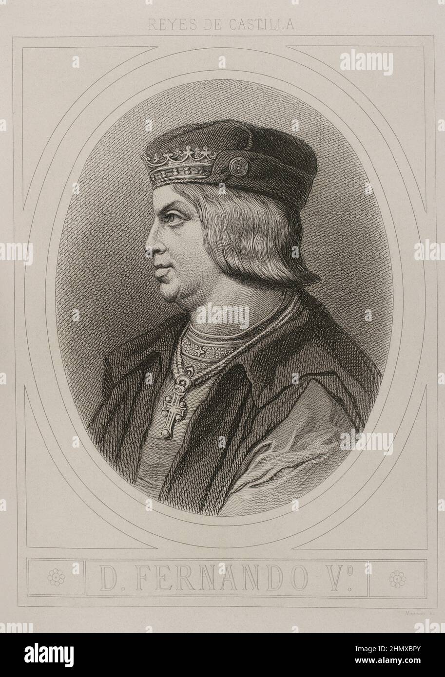 Ferdinando II d'Aragona, chiamato cattolico (1452-1516). Re della Corona di Aragona. Re di Castiglia come Ferdinando V (1474-1504). Verticale. Incisione di Masson. Litografato da Magín Pujadas. "Historia General de España", di Modesto Lafuente. Volume II. Pubblicato a Barcellona, 1879. Autore: Antoine Masson (1636-1700). Artista francese. Foto Stock
