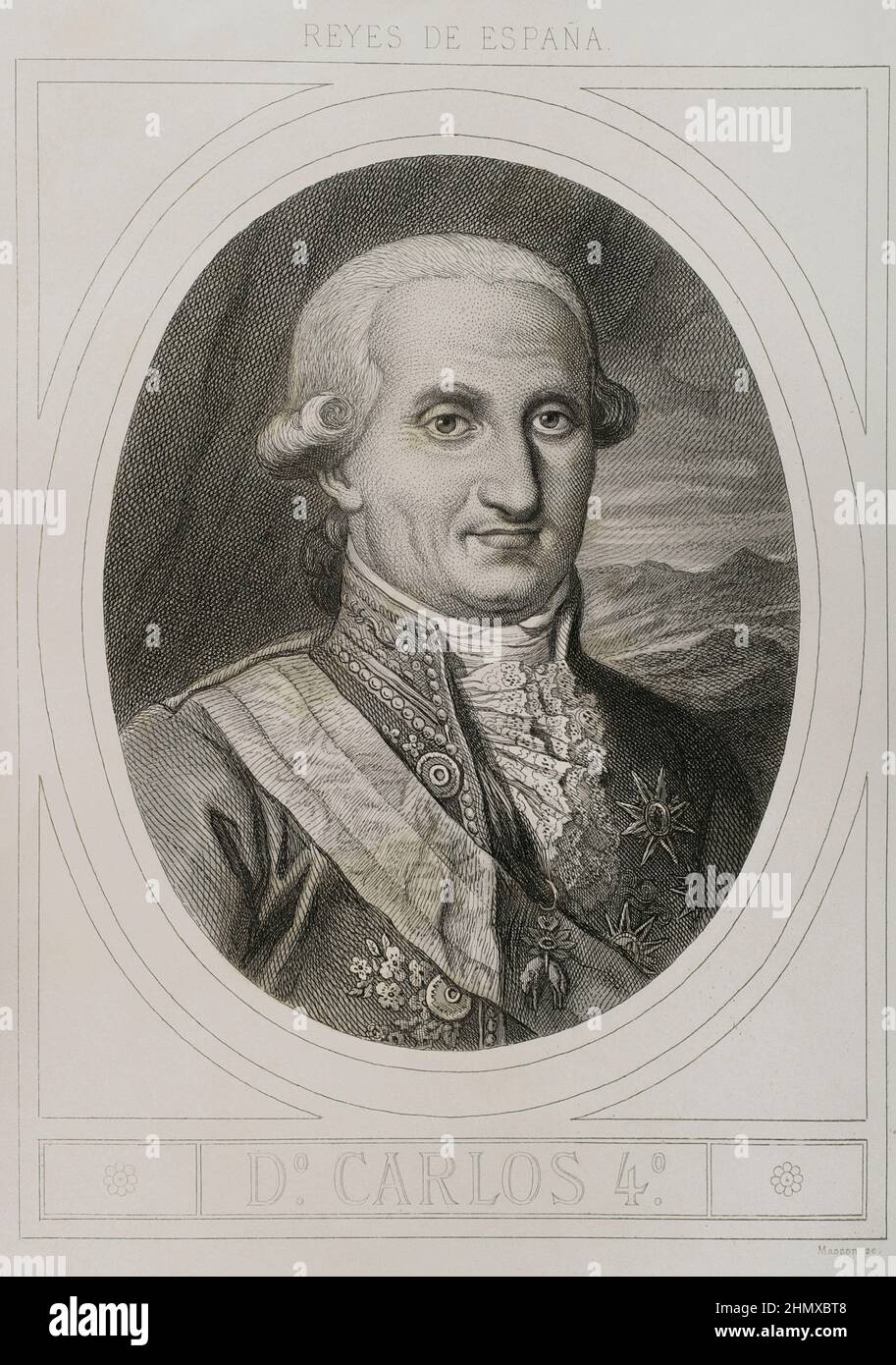 Carlo IV (1748-1819). Re di Spagna (1788-1808), il cosiddetto el Cazador (il Cacciatore). Verticale. Incisione di Masson. Litografato da Magín Pujadas. Historia General de España, di Modesto Lafuente. Volume IV. Pubblicato a Barcellona, 1879. Autore: Antoine Masson (1636-1700). Artista francese. Foto Stock