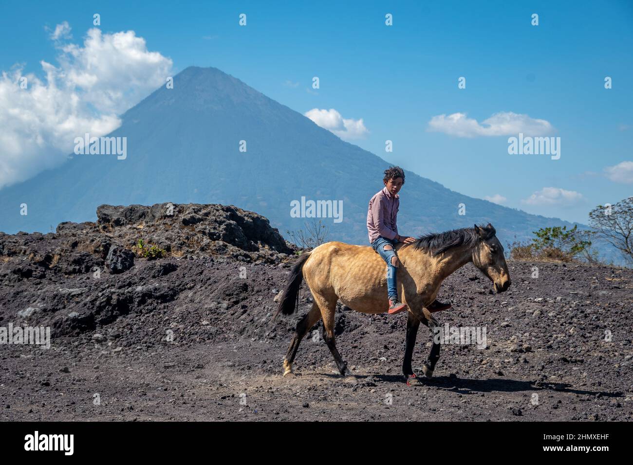 Ragazzo cavallo a cavallo al vulcano Pacaya Foto Stock