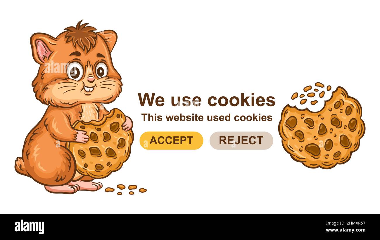 Sito web utilizzare cookie tracking, accettare la politica di sicurezza dei dati web. Carino criceto personaggio morso biscotto zucchero. Protezione dei dati personali su Internet. Vettore Illustrazione Vettoriale