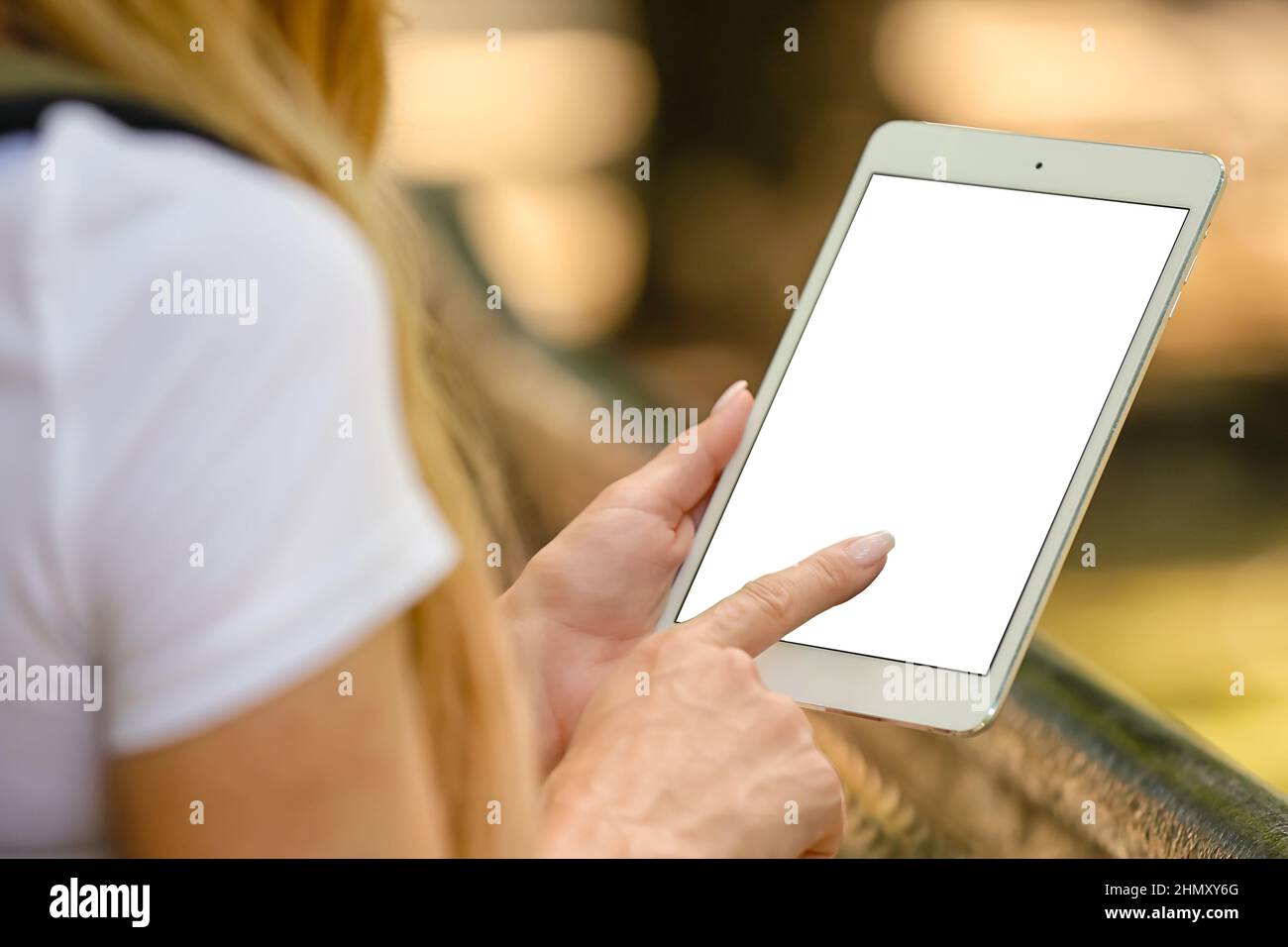 Turista femminile con computer tablet in giardino zoologico, primo piano Foto Stock