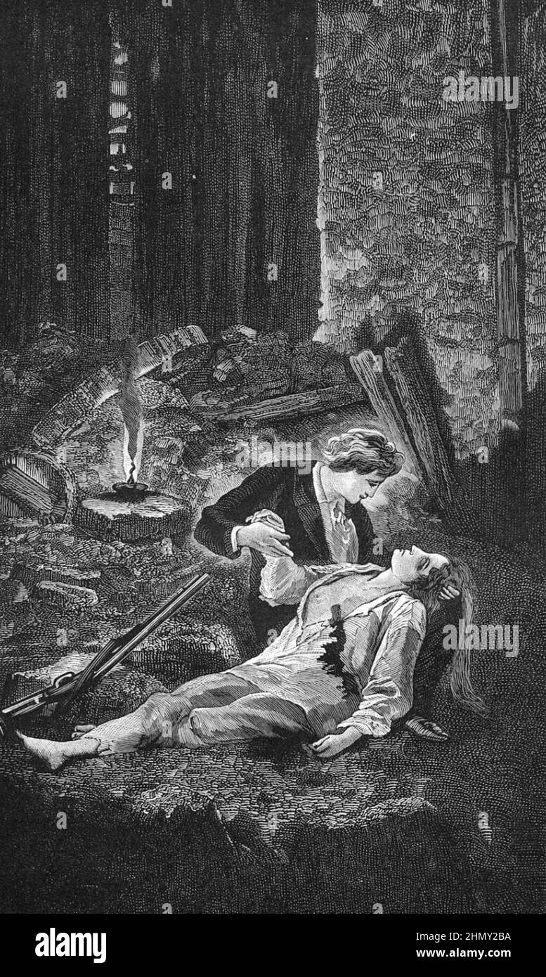 Un'illustrazione di Marius che tiene l'Éponine morente alle barricate da Les Miserables di Victor Hugo Foto Stock