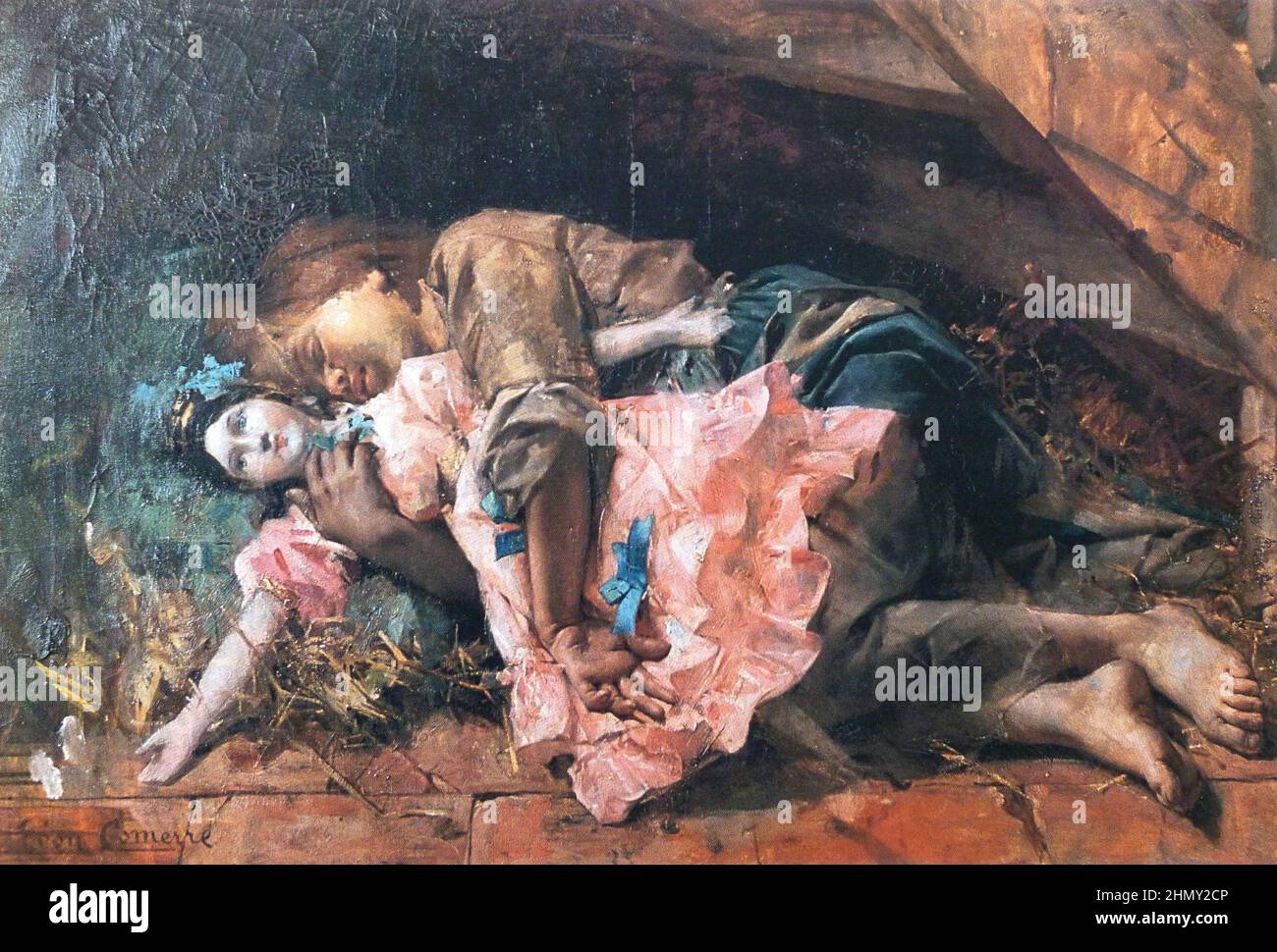 Un'illustrazione di Cosette con la sua bambola di Les Miserables di Victor Hugo. Dipinto di Léon Comerre. Foto Stock