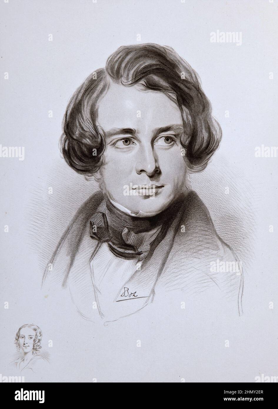 Un ritratto dello scrittore inglese Charles Dickens dal 1842 quando aveva 30 anni. Lo schizzo in basso a sinistra è la sorella di Dickens Fanny Foto Stock