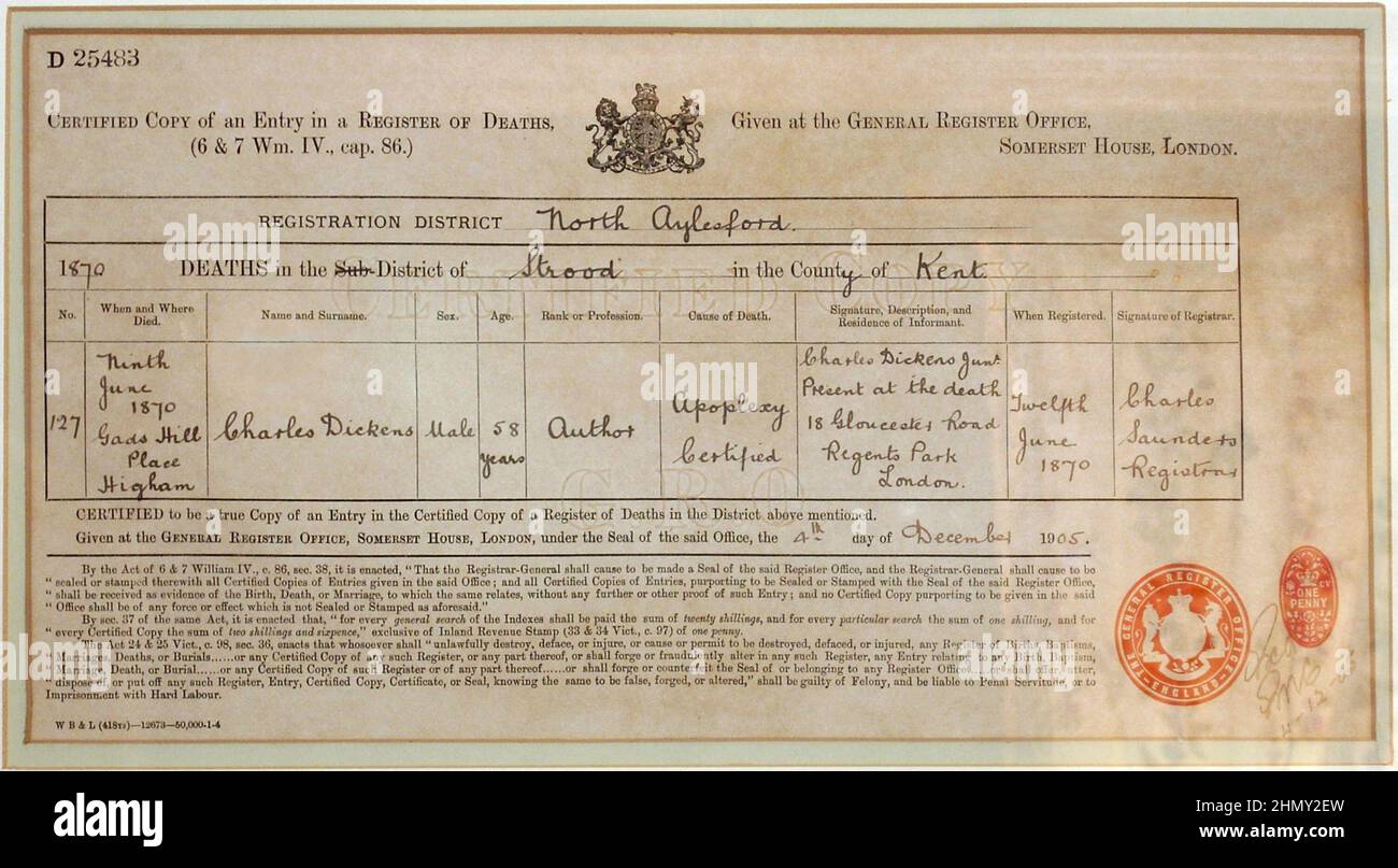 Certificato di morte Charles Dickens Foto Stock